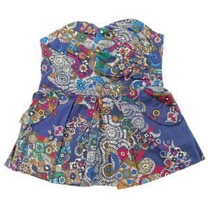 Vibrant indie bohemian styled strapless top- back zips- size 6 FEI brand cotton